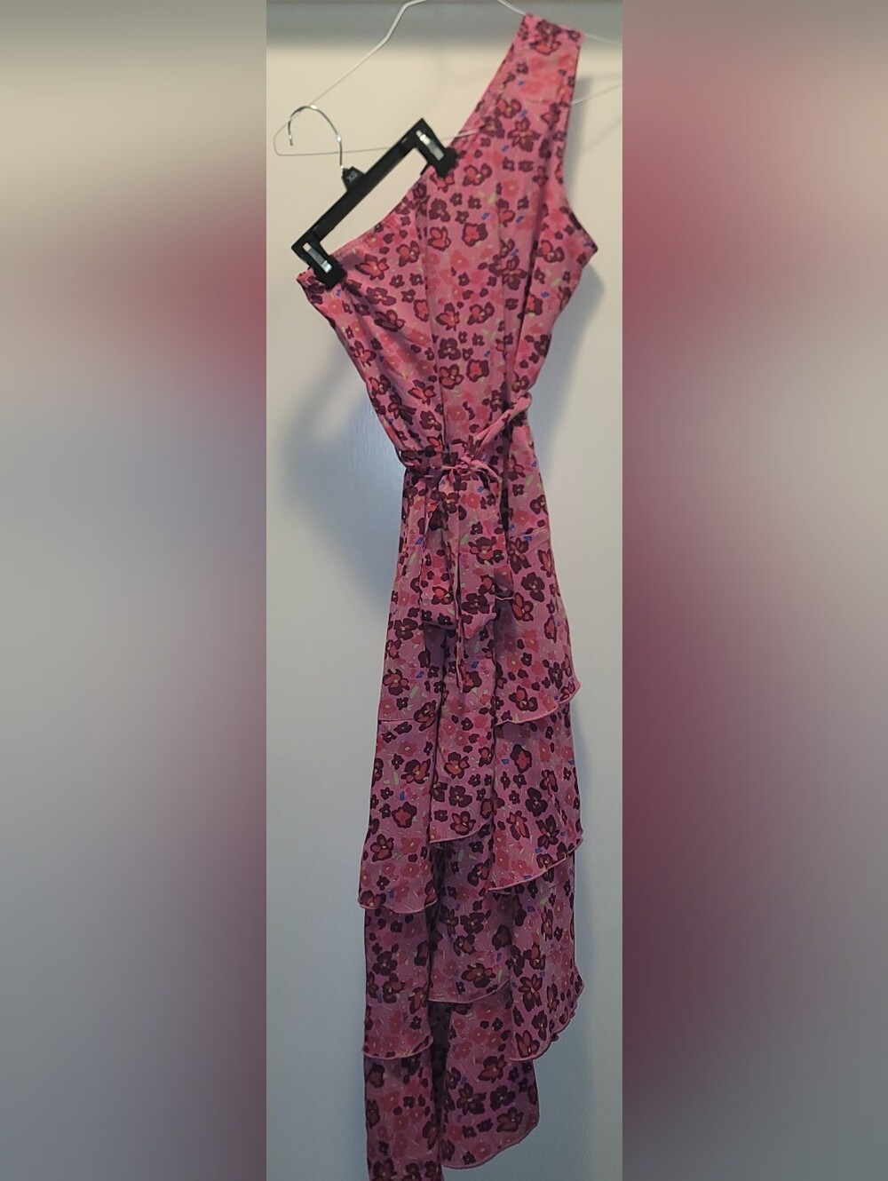 Off The Shoulder Pink Floral Tiered Dress with Tie Waist